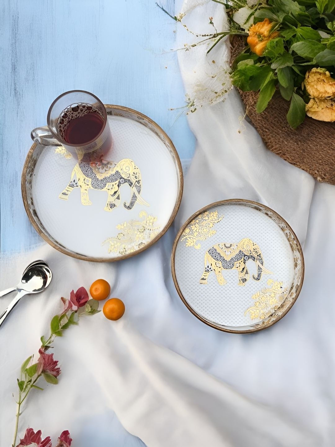 

DULI White 2 Pieces Printed Rectangle Enamel Coated Wood Easy to Clean Serving Tray
