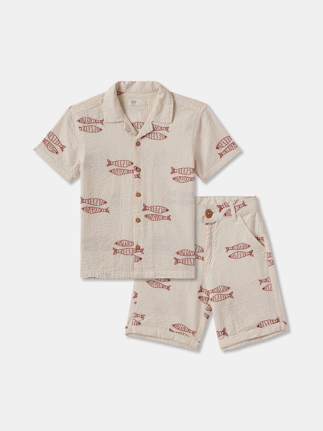 

R&B Boys Embroidered Pure Cotton Shirt With Shorts, Beige