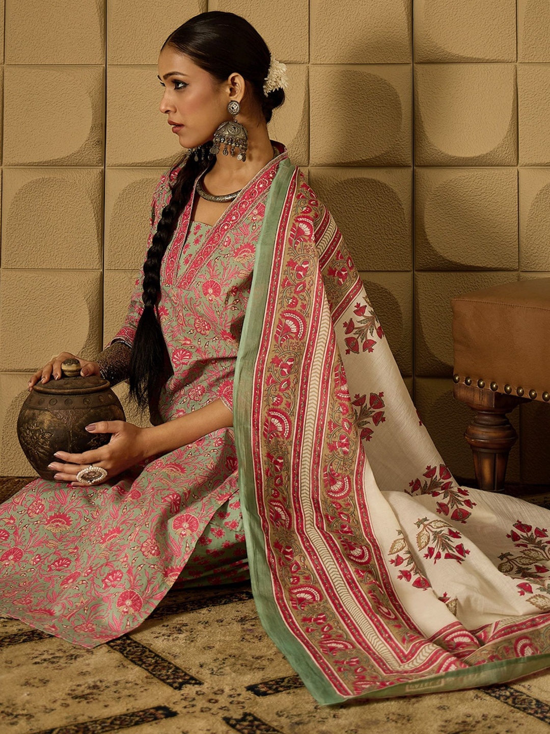 

Indo Era Floral Printed Pure Cotton Kurta Straight Kurta With Salwar And Dupatta, Green