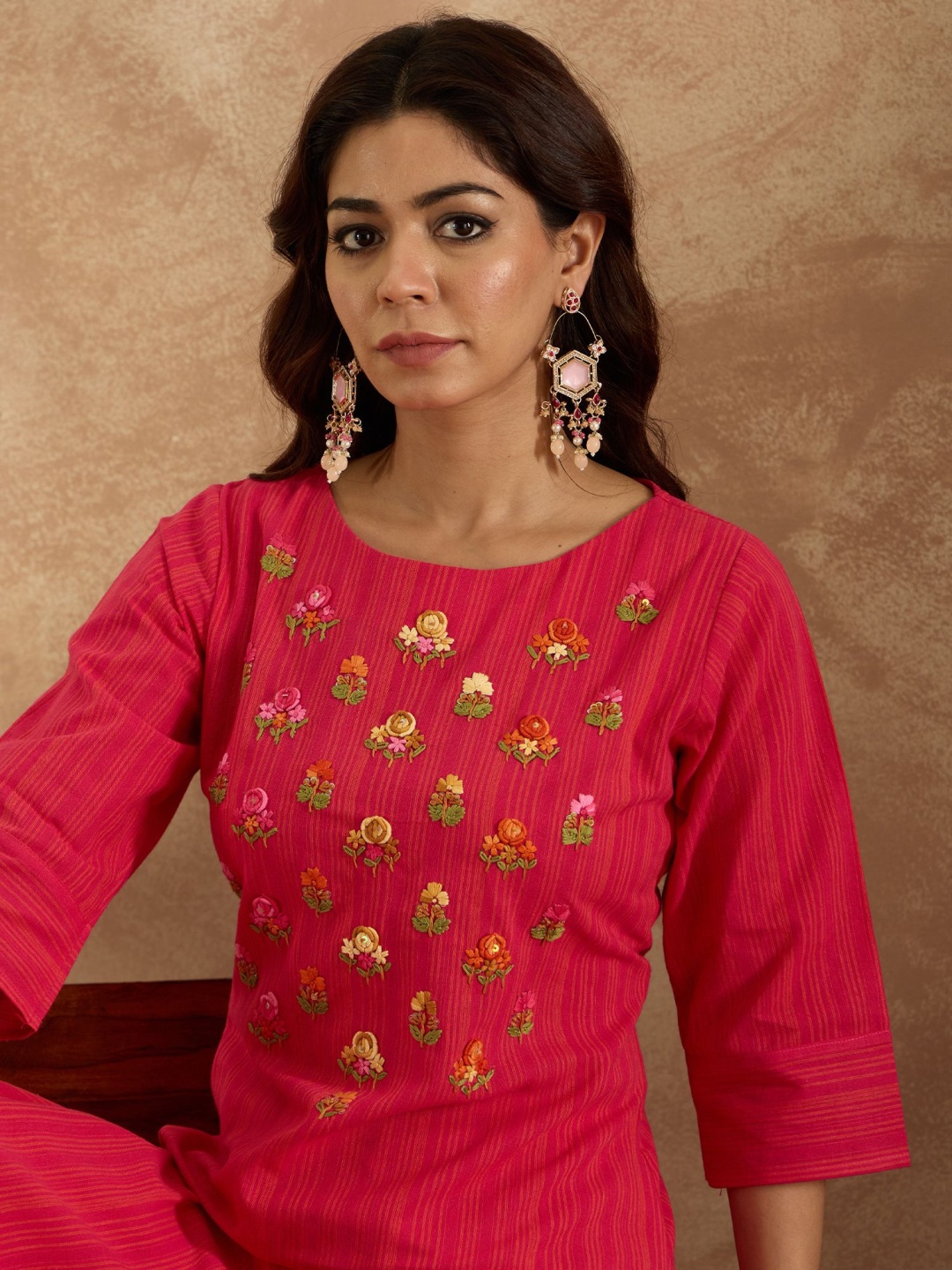 Indo Era Floral Embroidered Pure Cotton Straight Kurta with Trouser, Red