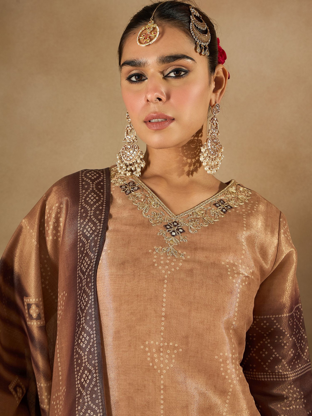 

Indo Era Floral Embroidered Embellished V-Neck Straight Kurta with Trouser And Dupatta, Brown