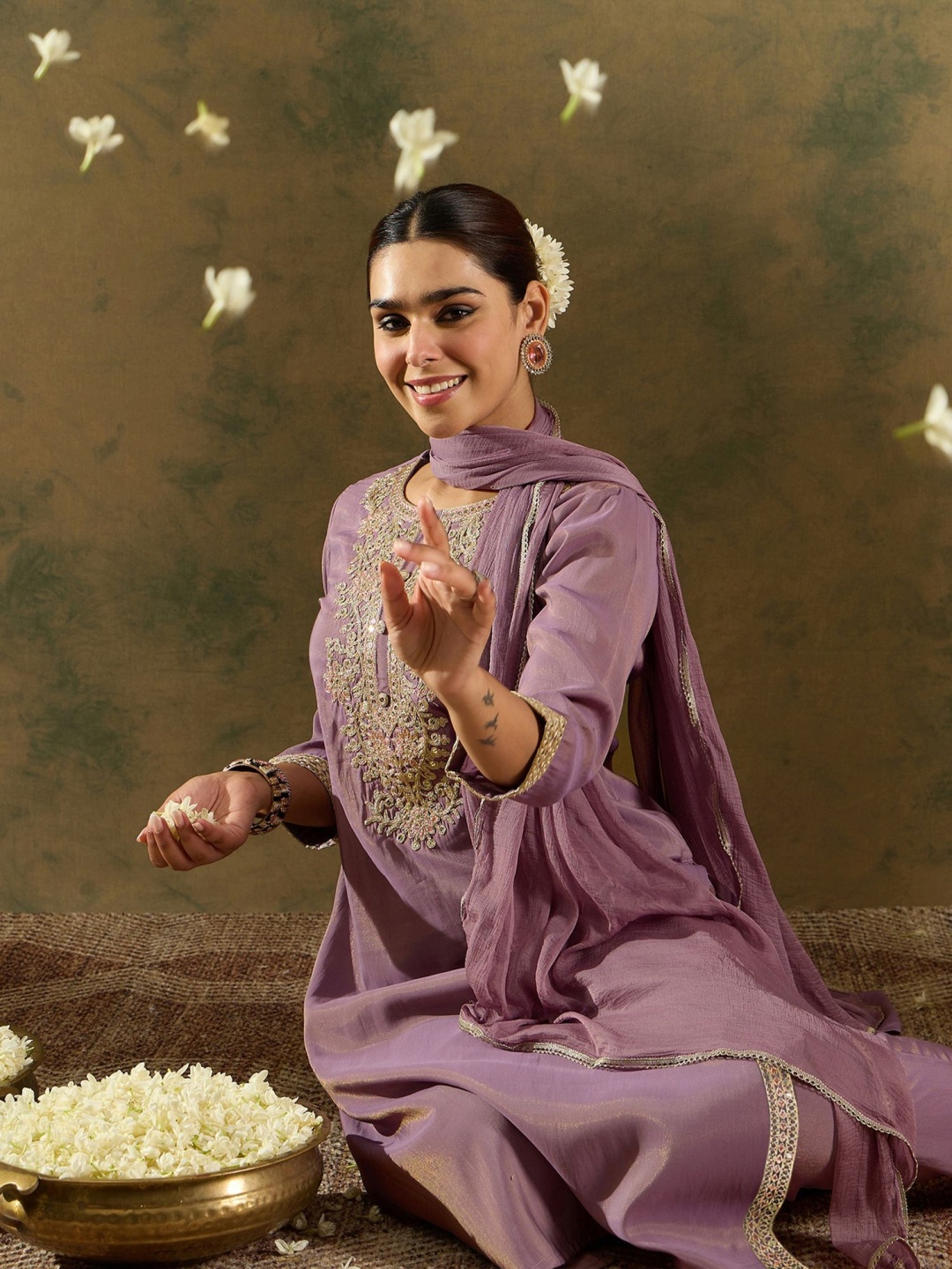 

Indo Era Floral Embroidered Embellished Straight Kurta with Trouser And Dupatta, Lavender