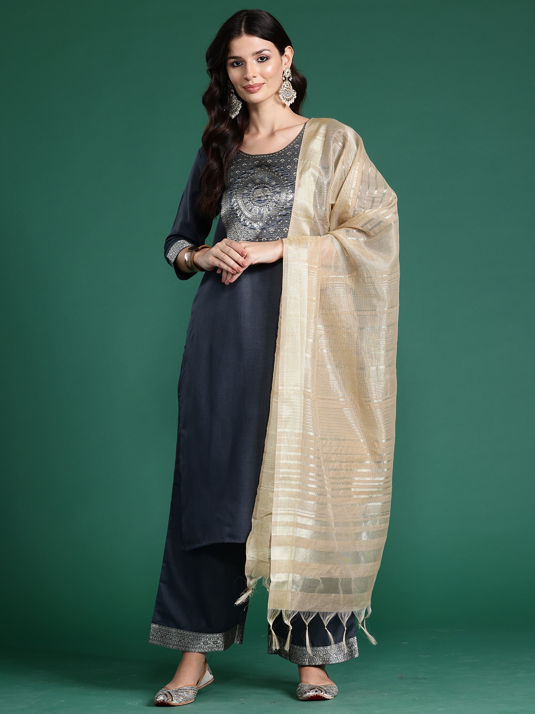 

Indo Era Floral Printed Straight Kurta with Trouser And Dupatta, Grey