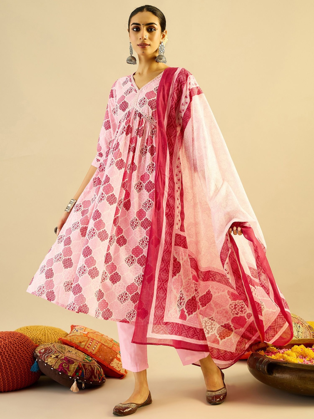 

Indo Era Ethnic Motifs Printed Mirror Work Pure Cotton Kurta with Trouser And Dupatta, Pink