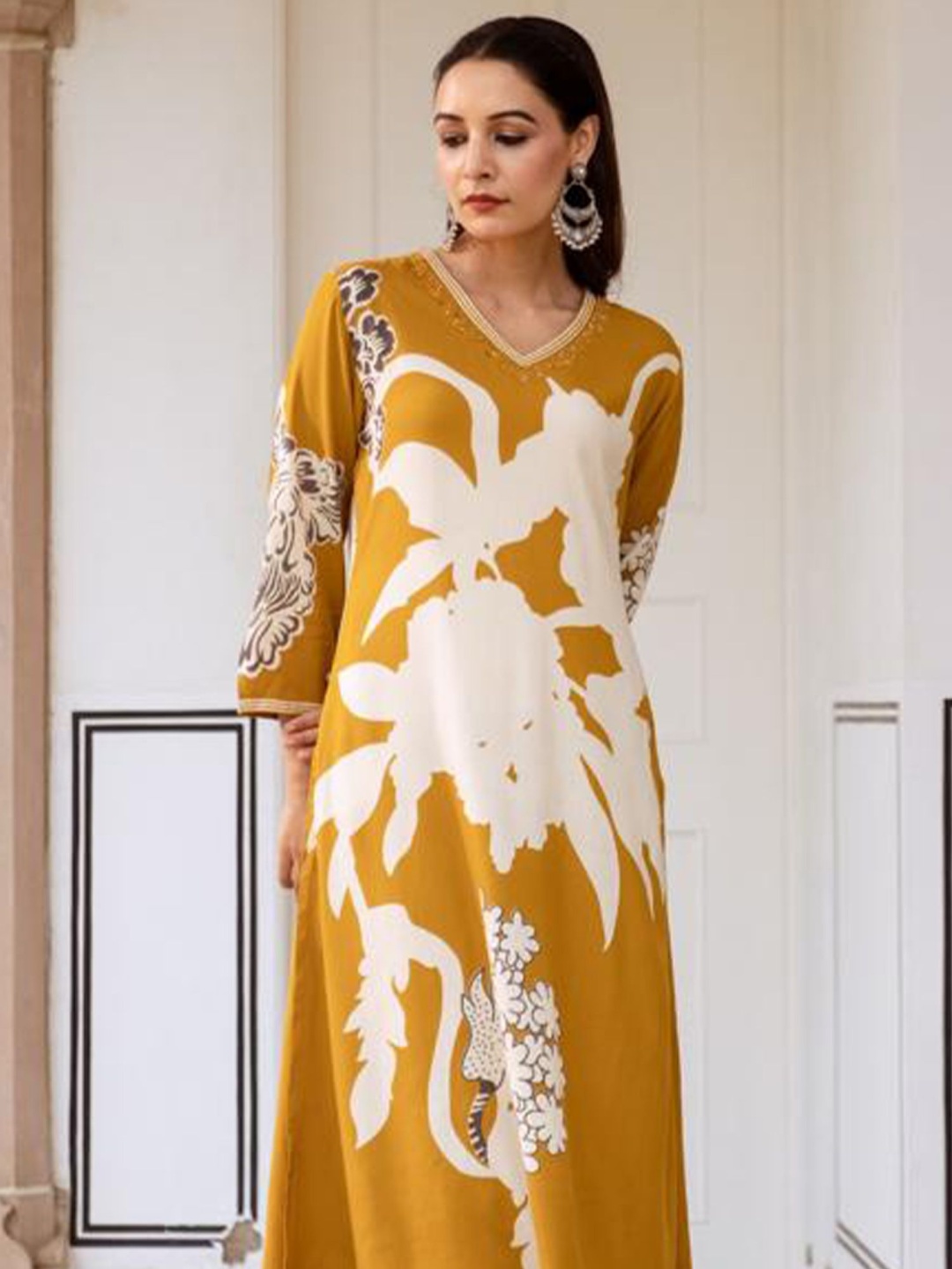 

Indo Era Floral Printed V-Neck A-Line Kurta With Salwar, Mustard