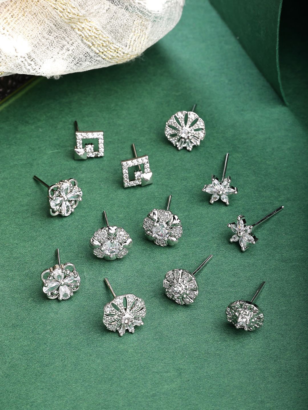 

ZENEME Set Of 6 Rhodium-Plated Artificial Stones Studded Floral Shaped Studs, Silver