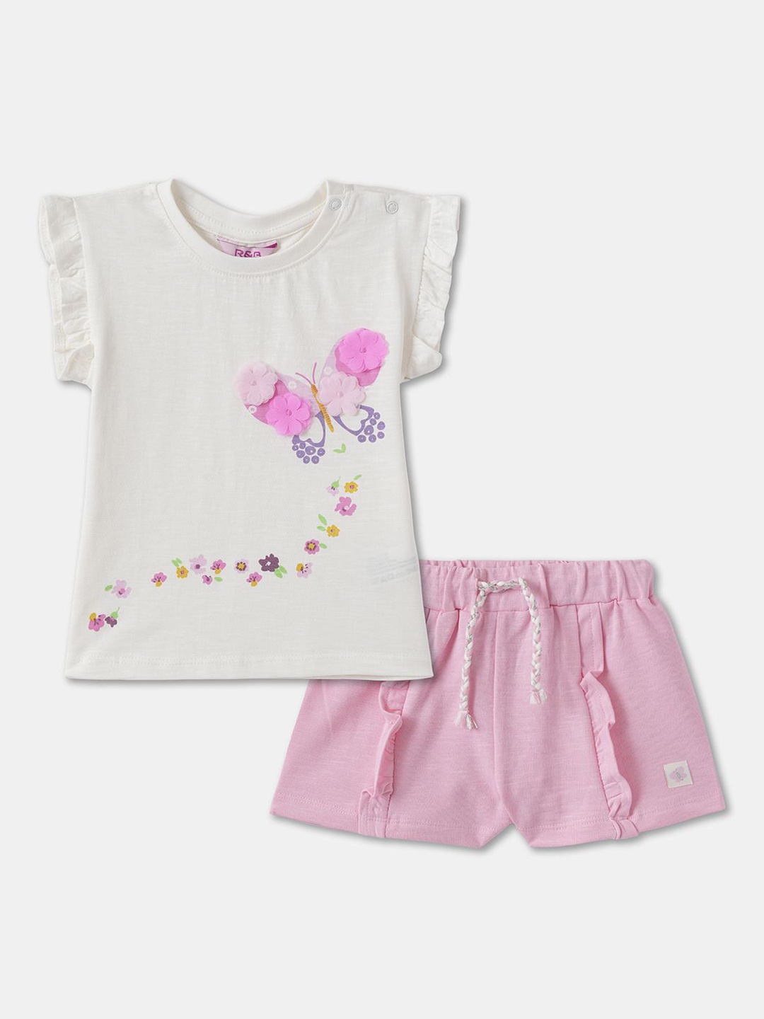 

R&B Girls Printed Pure Cotton Top & Shorts, White