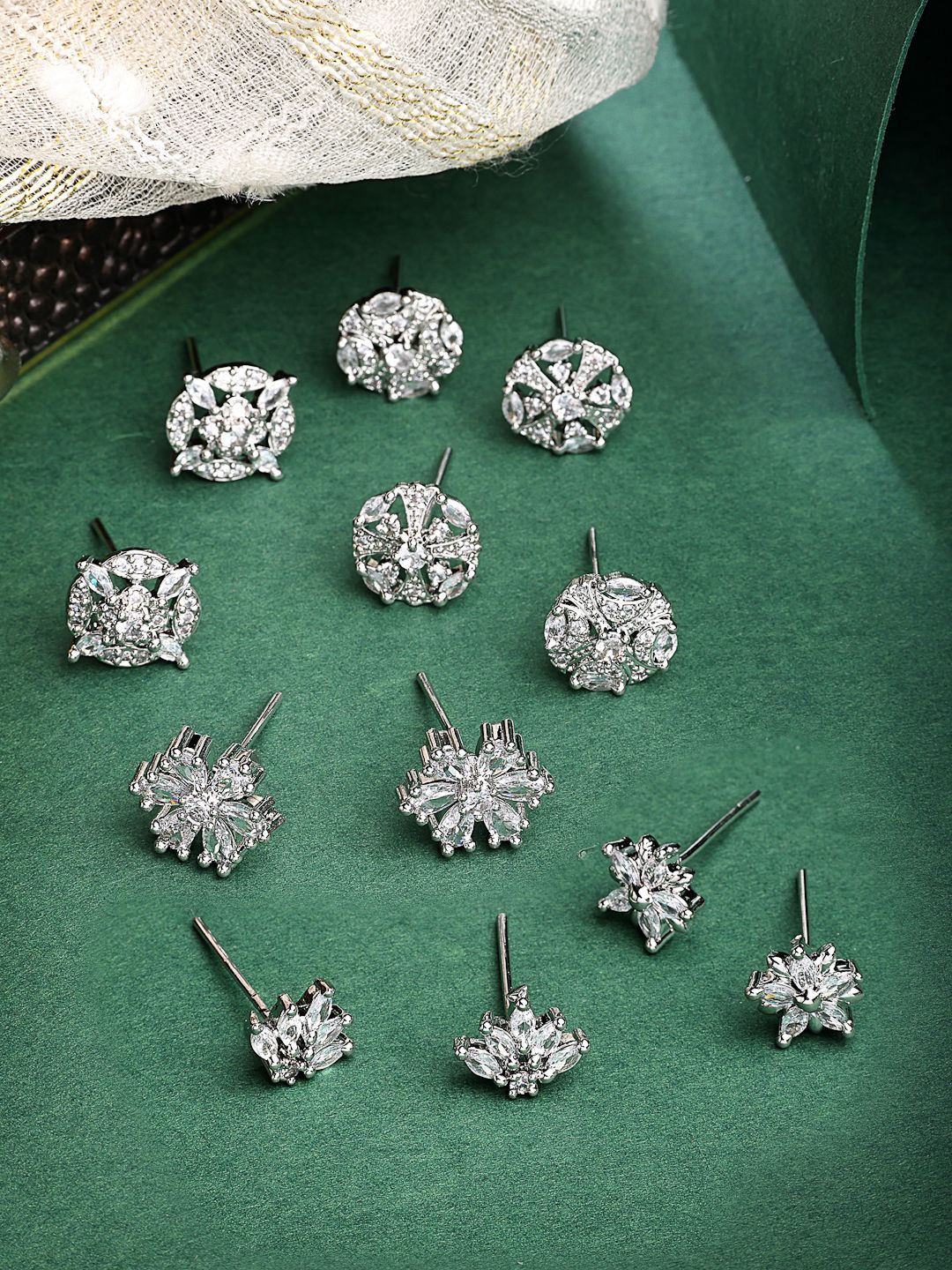 

ZENEME Set Of 6 Rhodium-Plated Artificial Stones Studded Floral Shaped Studs, Silver