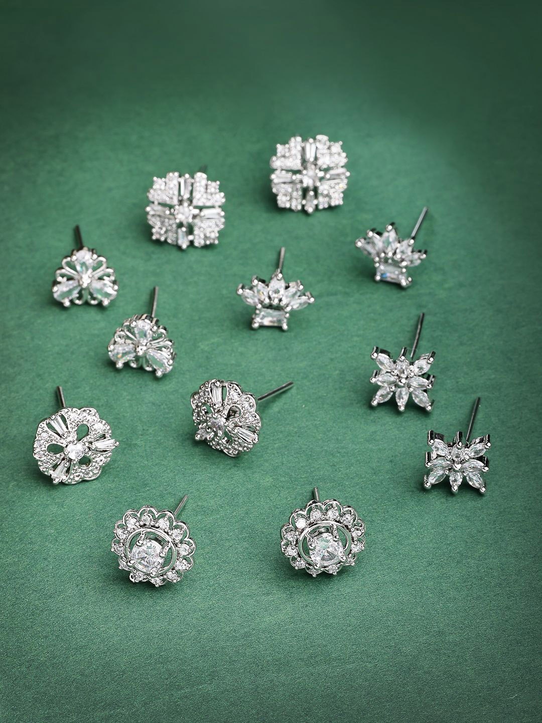 

ZENEME Set Of 6 Rhodium-Plated Artificial Stones Studded Floral Shaped Studs, Silver