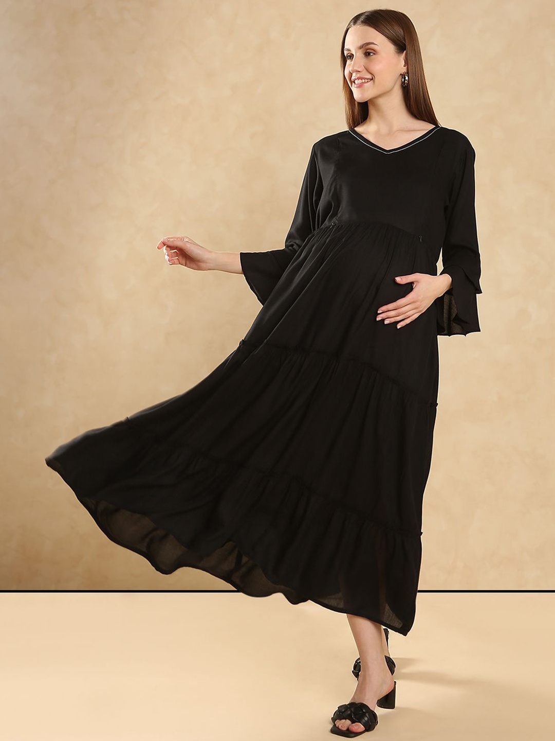 

Aanyor Bell Sleeve Maternity Tiered Maxi Dress, Black