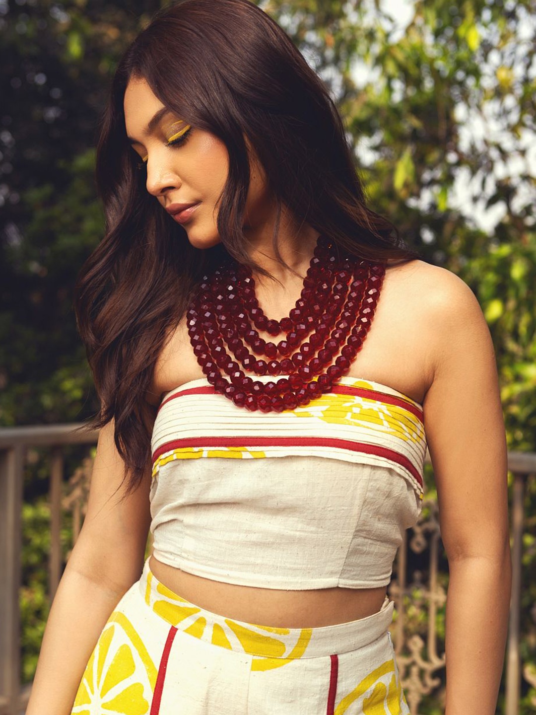 

Akashi Clothing Tropical Printed Strapless Cotton Crop Top, Cream
