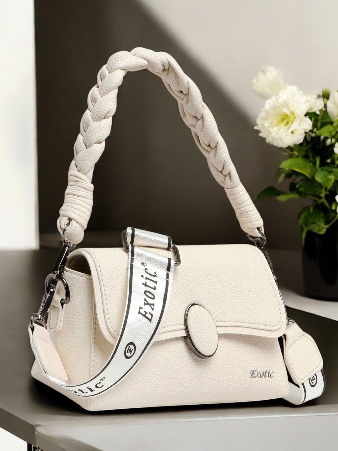 

Exotic Women Textured Structured Leather Satchel Bag, White