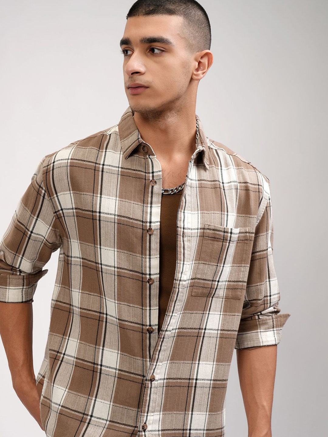 

HIGHLANDER Men Spread Collar Tartan Checked Cotton Casual Shirt, Off white