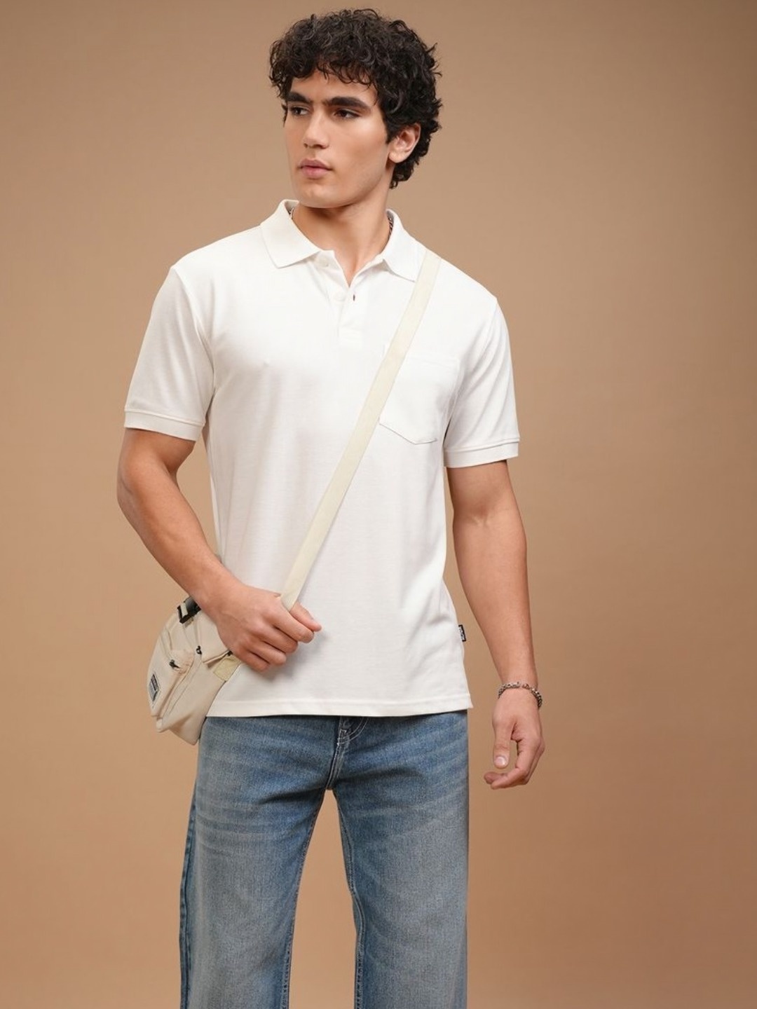 

HIGHLANDER Men Solid Polo Collar Cotton T-shirt, Off white