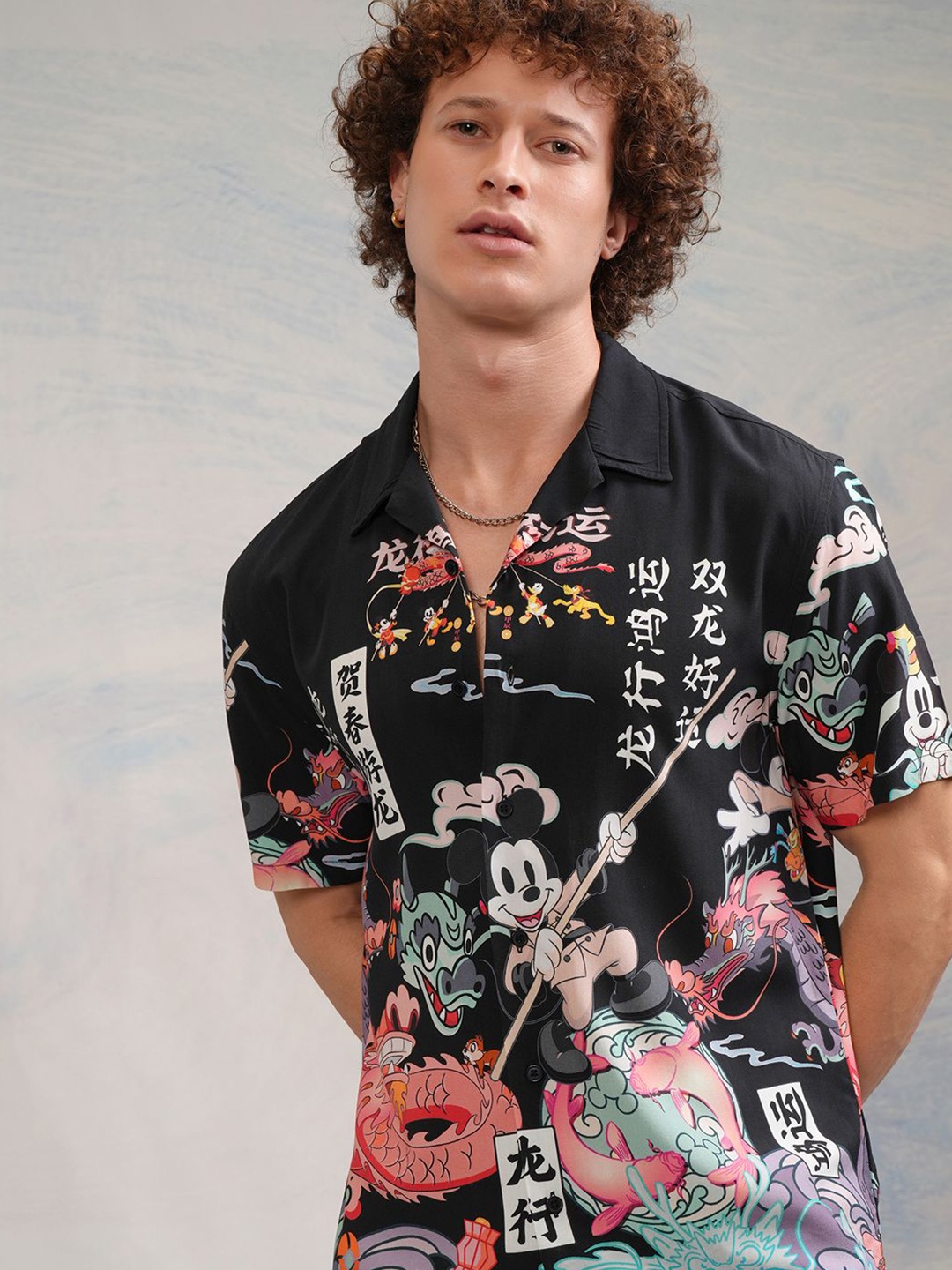 

HIGHLANDER Disney Men Black Printed Mickey Cuban Collar Viscose Relaxed Fit Shirt
