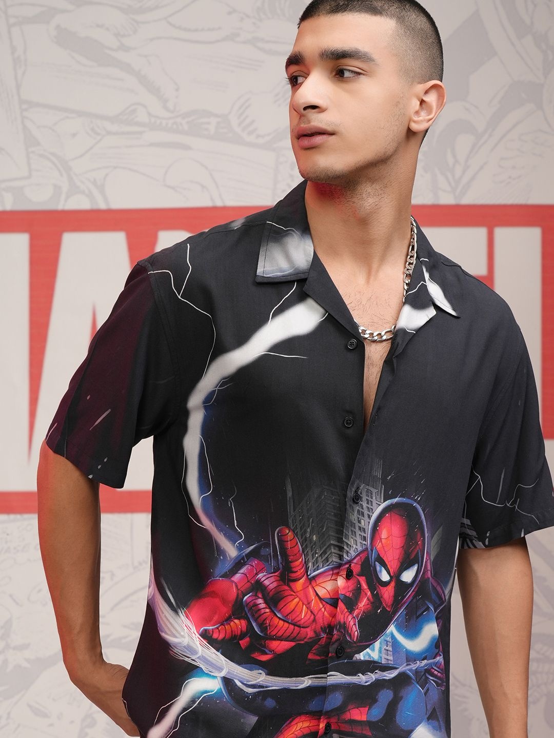 

HIGHLANDER Marvel Men Deadpool Black Navy Blue Round Neck Drop Shoulder Oversized Tshirt