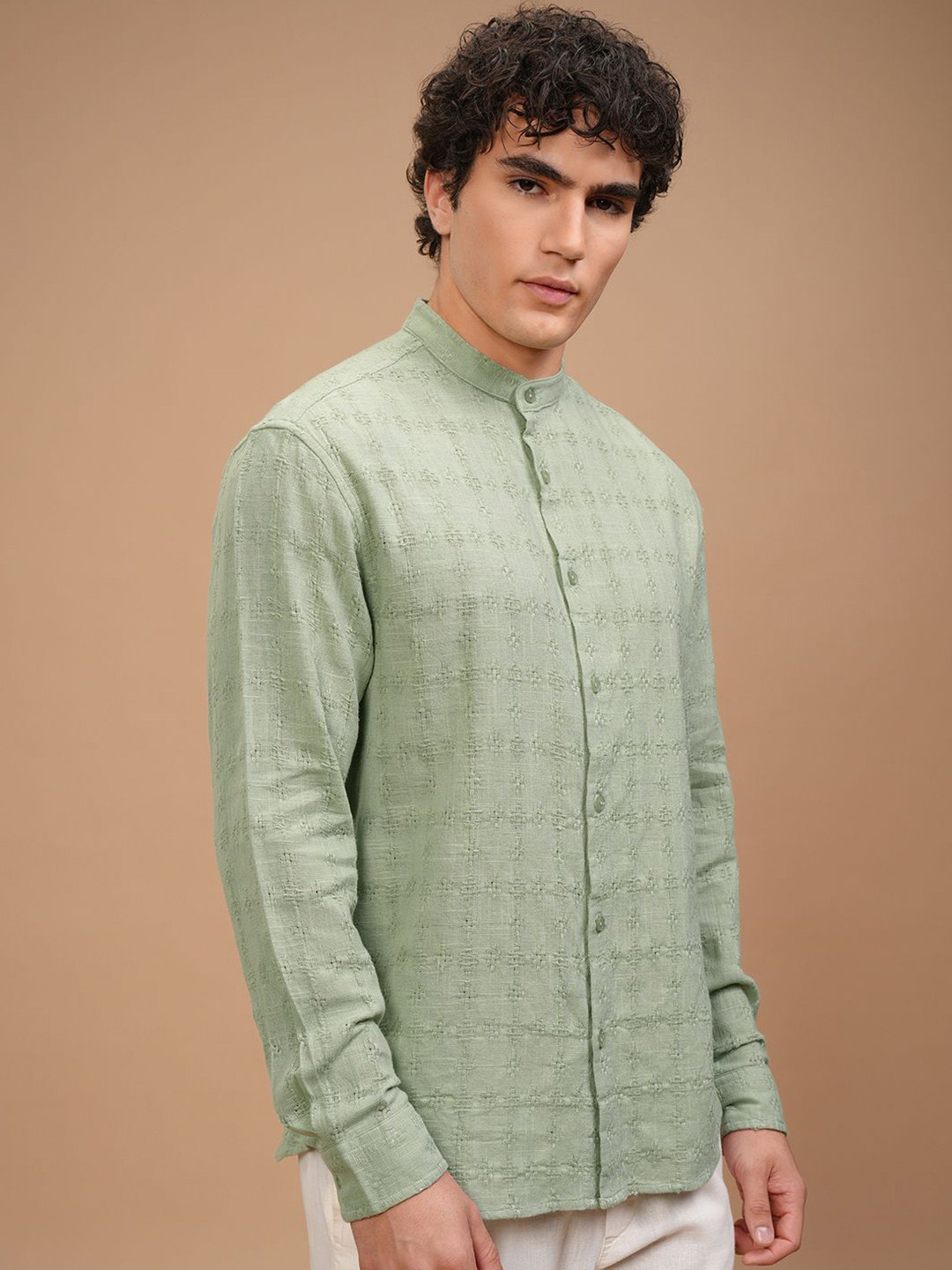 

HIGHLANDER Men Relaxed Fit Band Collar Textured Cotton Casual Shirt, Green
