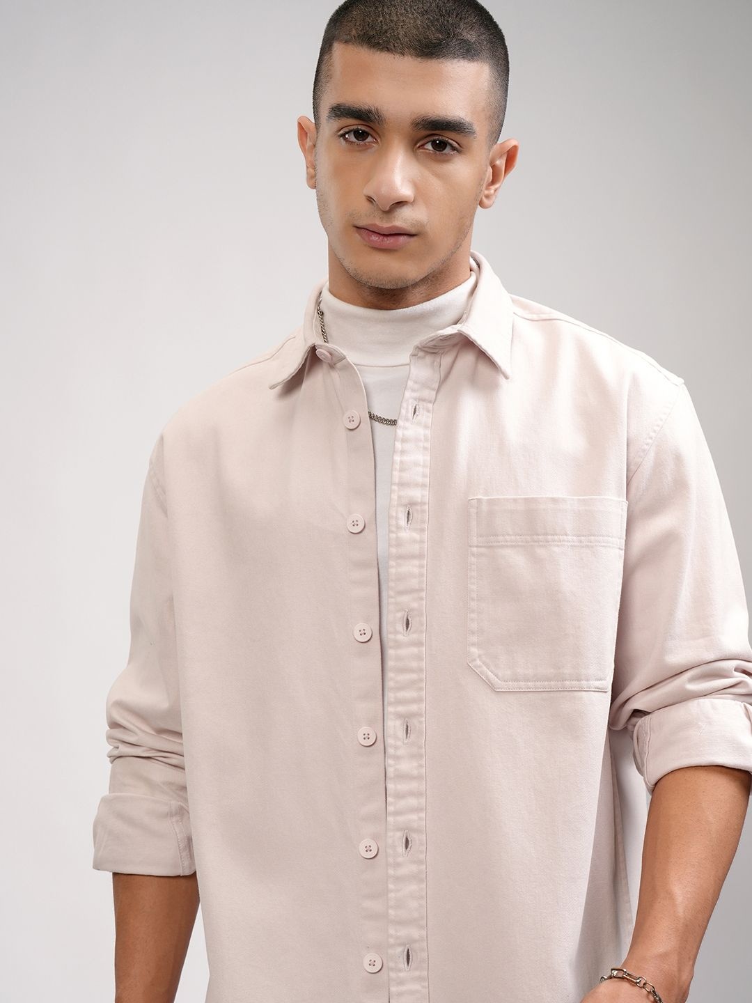 

HIGHLANDER Men Oversized Spread Collar Cotton Casual Shirt, Beige
