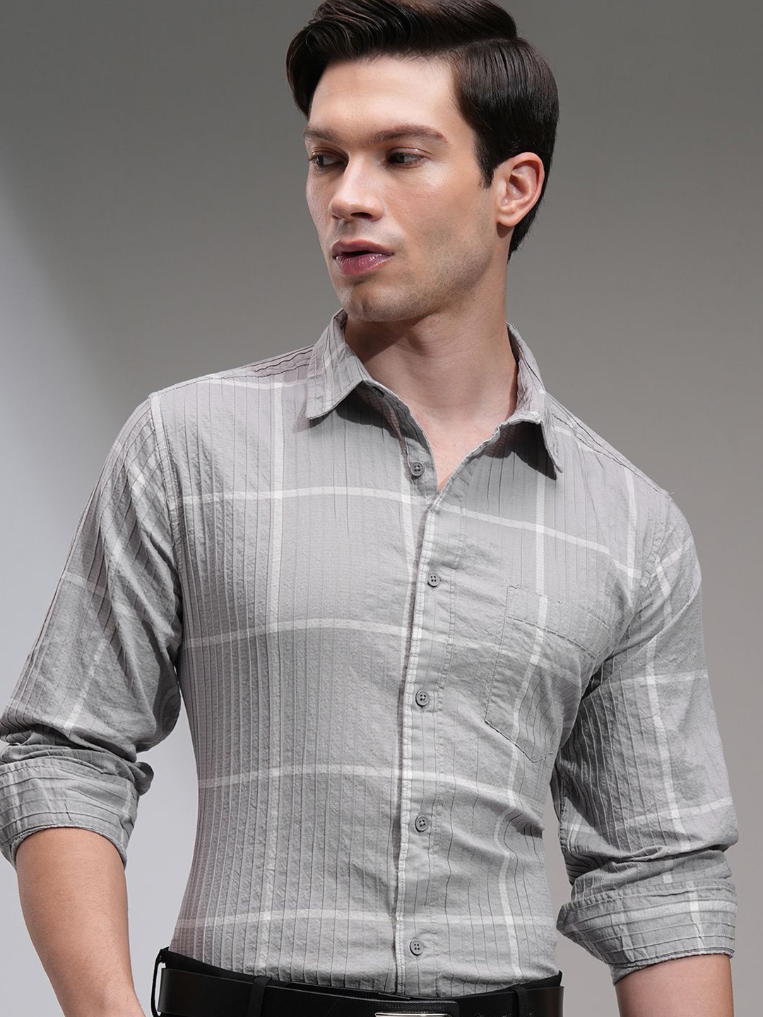 

HIGHLANDER Men Slim Fit Spread Collar Buffalo Checked Cotton Casual Shirt, Grey