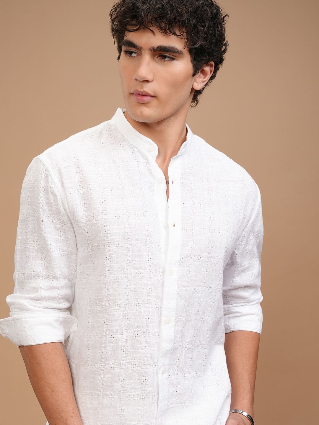 

HIGHLANDER Men Relaxed Fit Band Collar Textured Cotton Casual Shirt, White