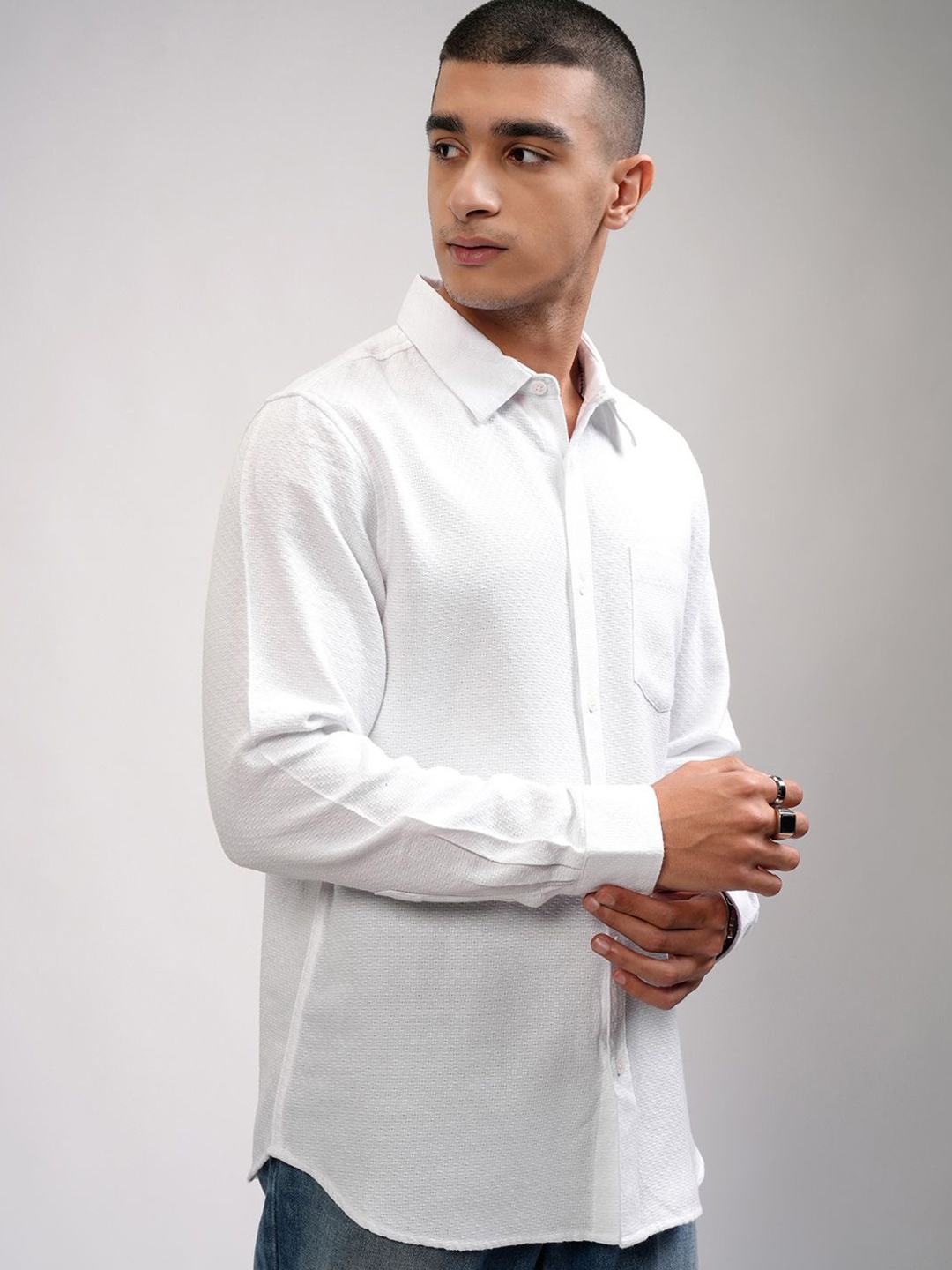 

HIGHLANDER Men Slim Fit Spread Collar Textured Cotton Casual Shirt, White