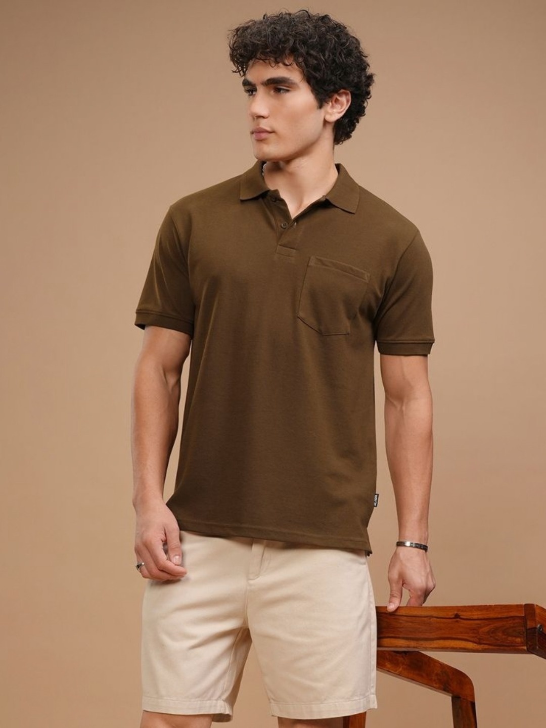 

HIGHLANDER Men Round Neck Knitted Textured Relaxed T-Shirt, Brown