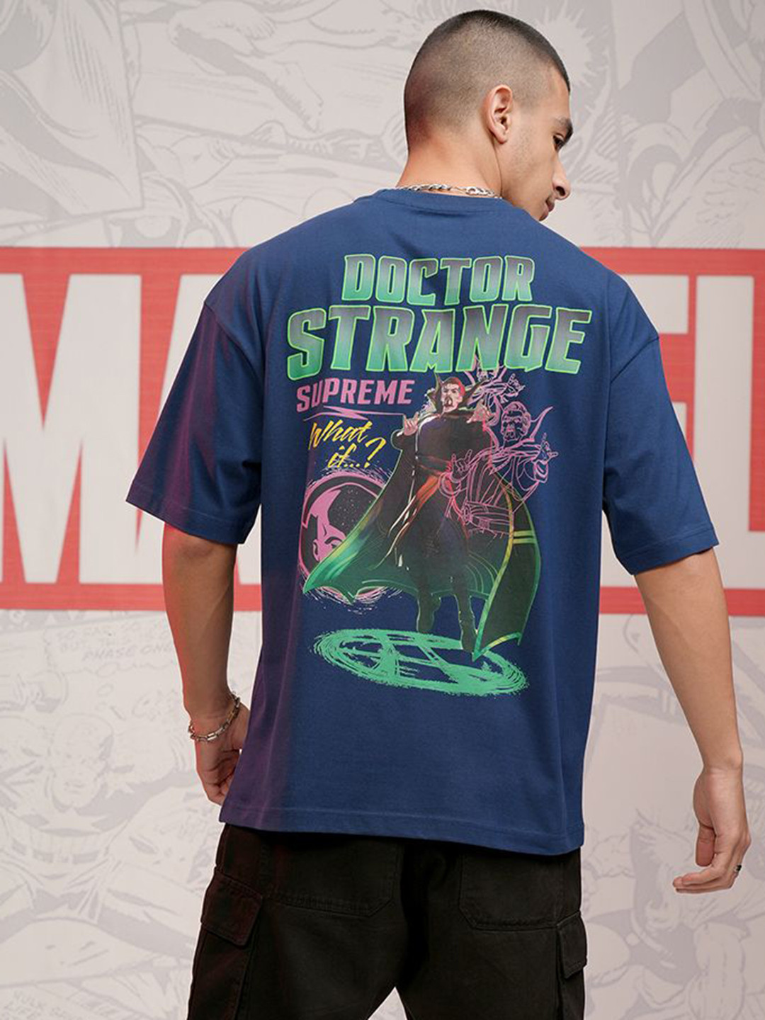 

HIGHLANDER Marvel Doctor Strange Men Round Neck Drop Shoulder Oversized Tshirt, Navy blue