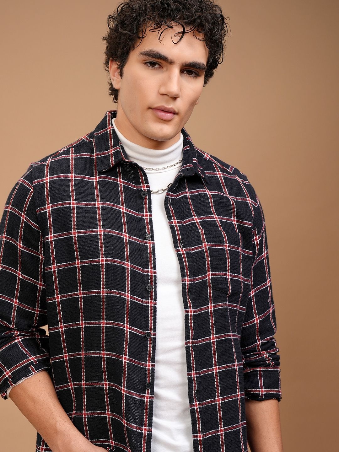 

HIGHLANDER Men Spread Collar Gingham Checked Cotton Casual Shirt, Navy blue