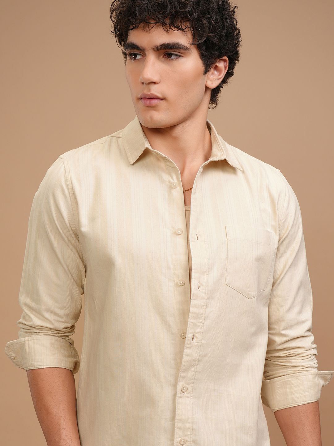 

HIGHLANDER Men Corduory Textured Casual Slim Fit Shirt, Cream