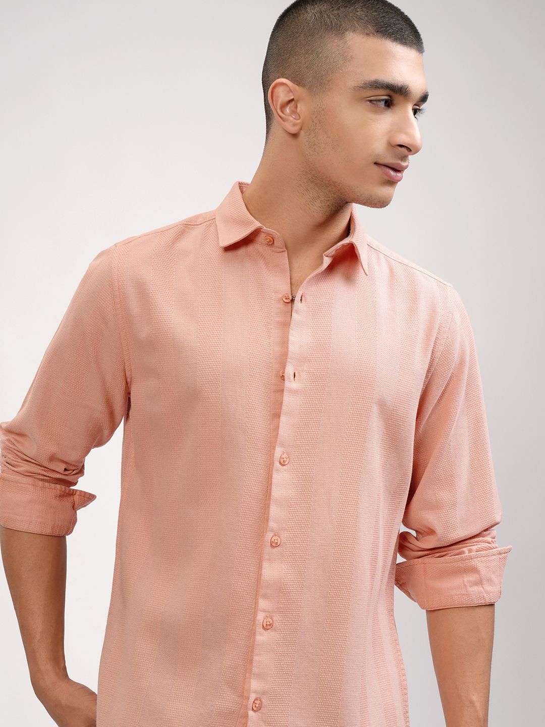 

HIGHLANDER Men Slim Fit Spread Collar Vertical Striped Cotton Casual Shirt, Peach
