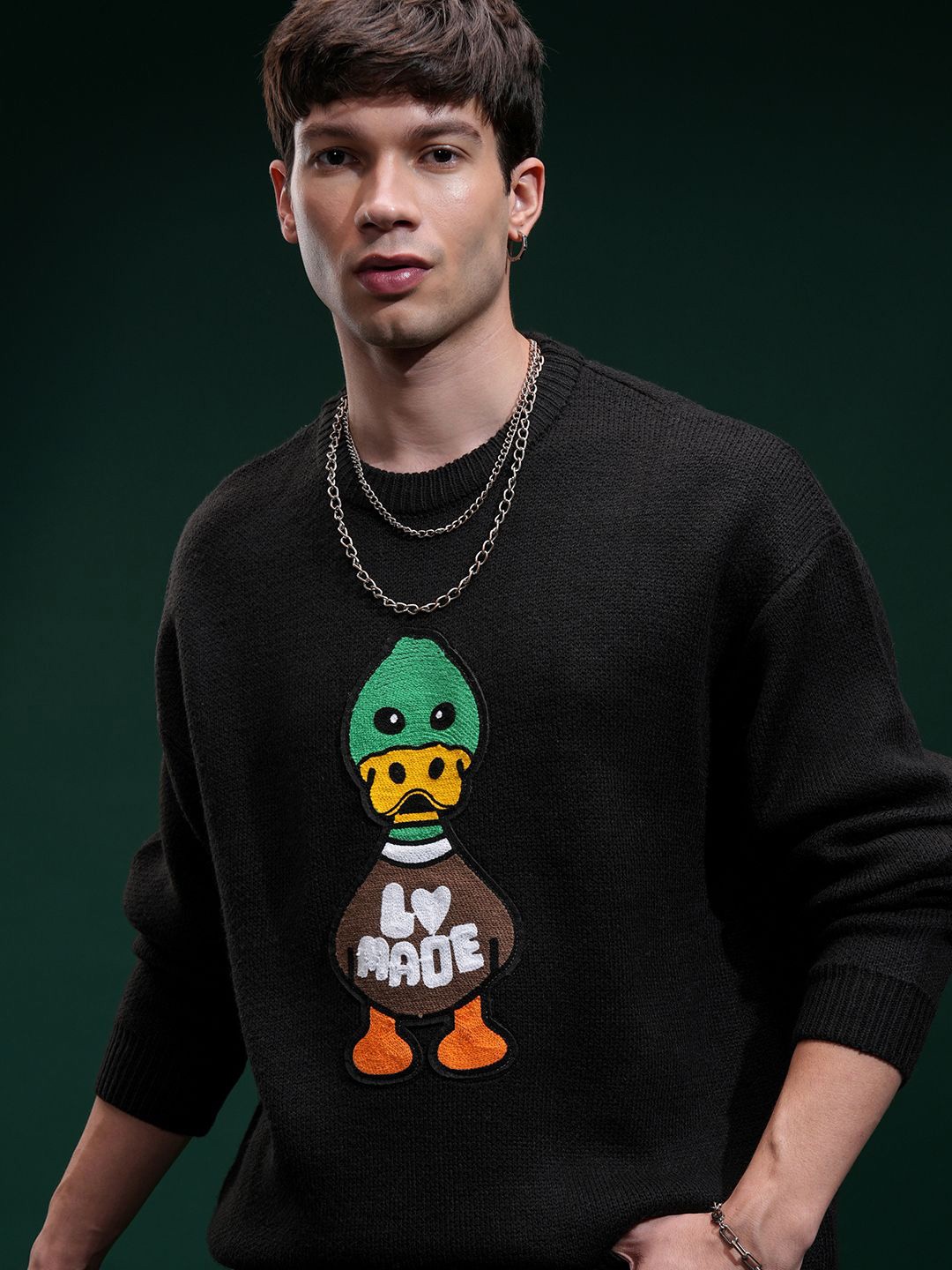 

HIGHLANDER Men Embellished Round Neck Sweater, Black