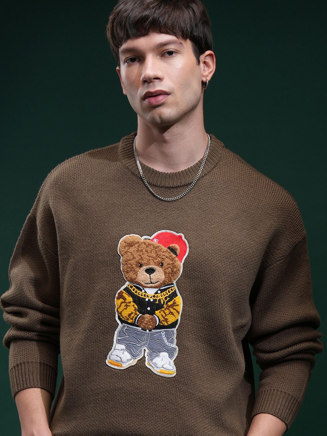 

HIGHLANDER Men Embellished Round Neck Sweater, Brown