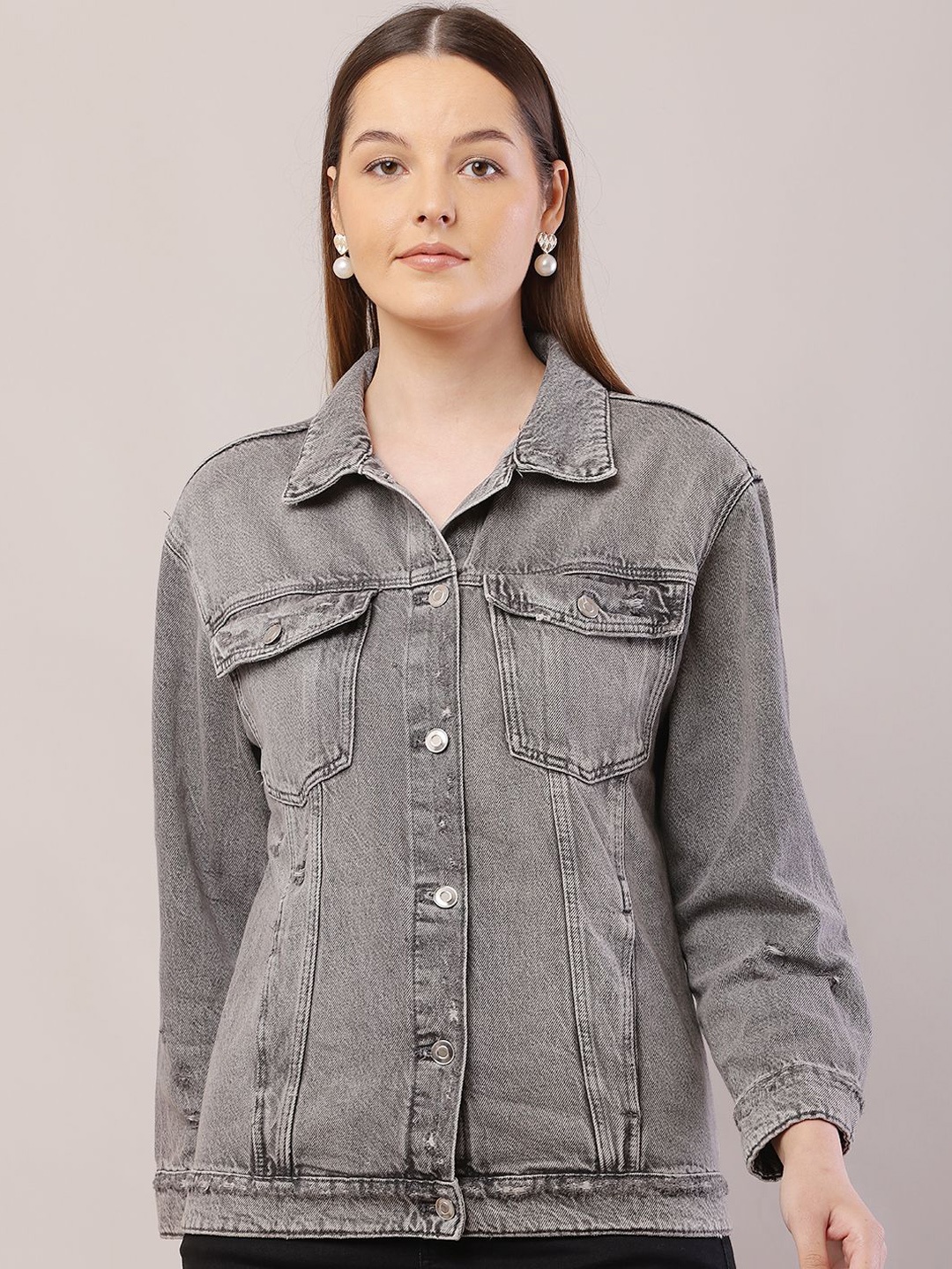 

NoBarr Women Spread Collar Solid Cotton Casual Denim Jacket, Grey