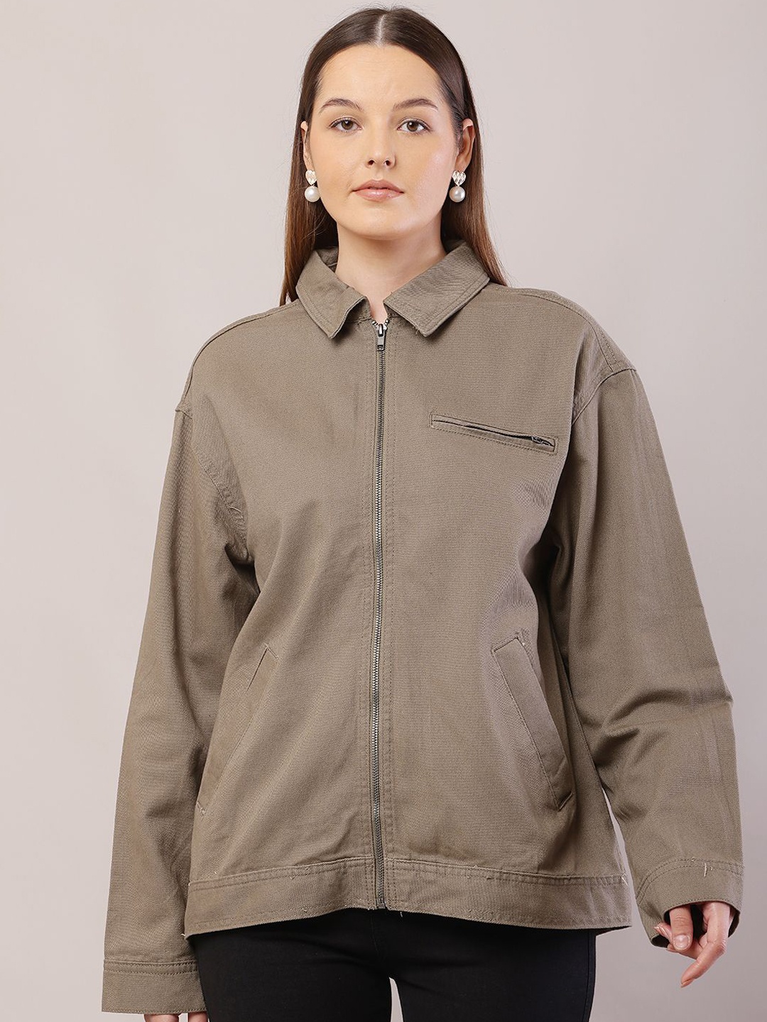 

NoBarr Women Spread Collar Solid Cotton Casual Tailored Jacket, Green