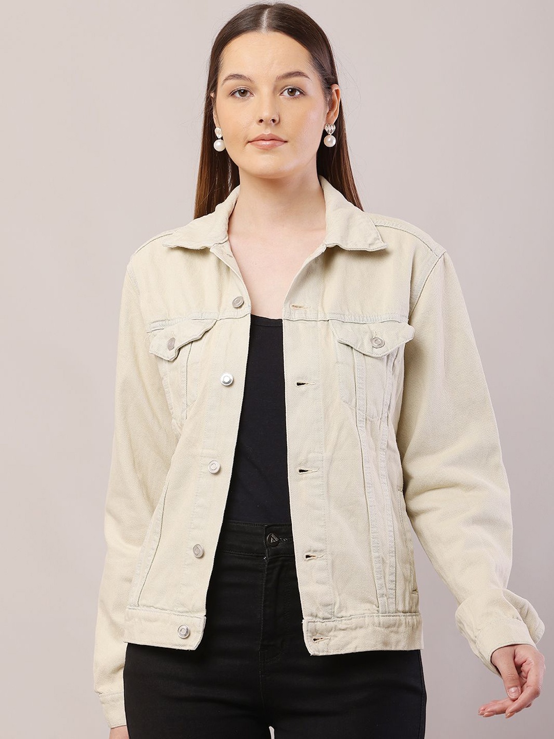 

NoBarr Women Spread Collar Solid Cotton Casual Denim Jacket, Beige