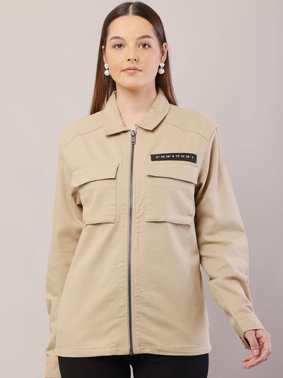 

NoBarr Women Spread Collar Solid Cotton Casual Tailored Jacket, Beige
