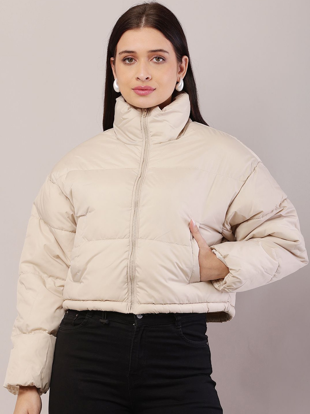 

NoBarr Women Mock Collar Solid Casual Puffer Jacket, Cream
