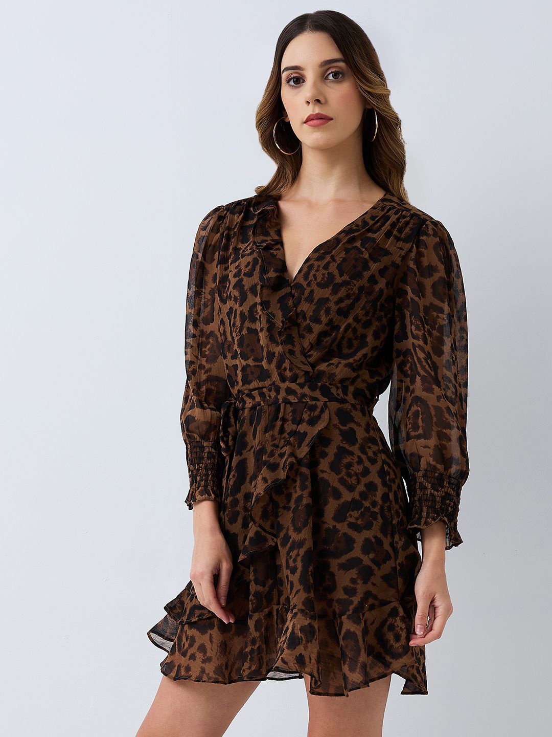 

HERE&NOW Animal Printed Ruffled Wrap Dress, Brown