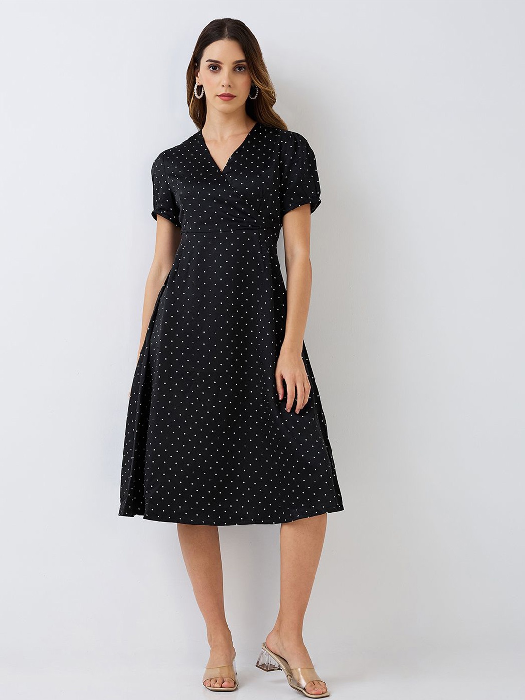 

HERE&NOW Polka Dot Printed Satin Fit & Flare Midi Dress, Black