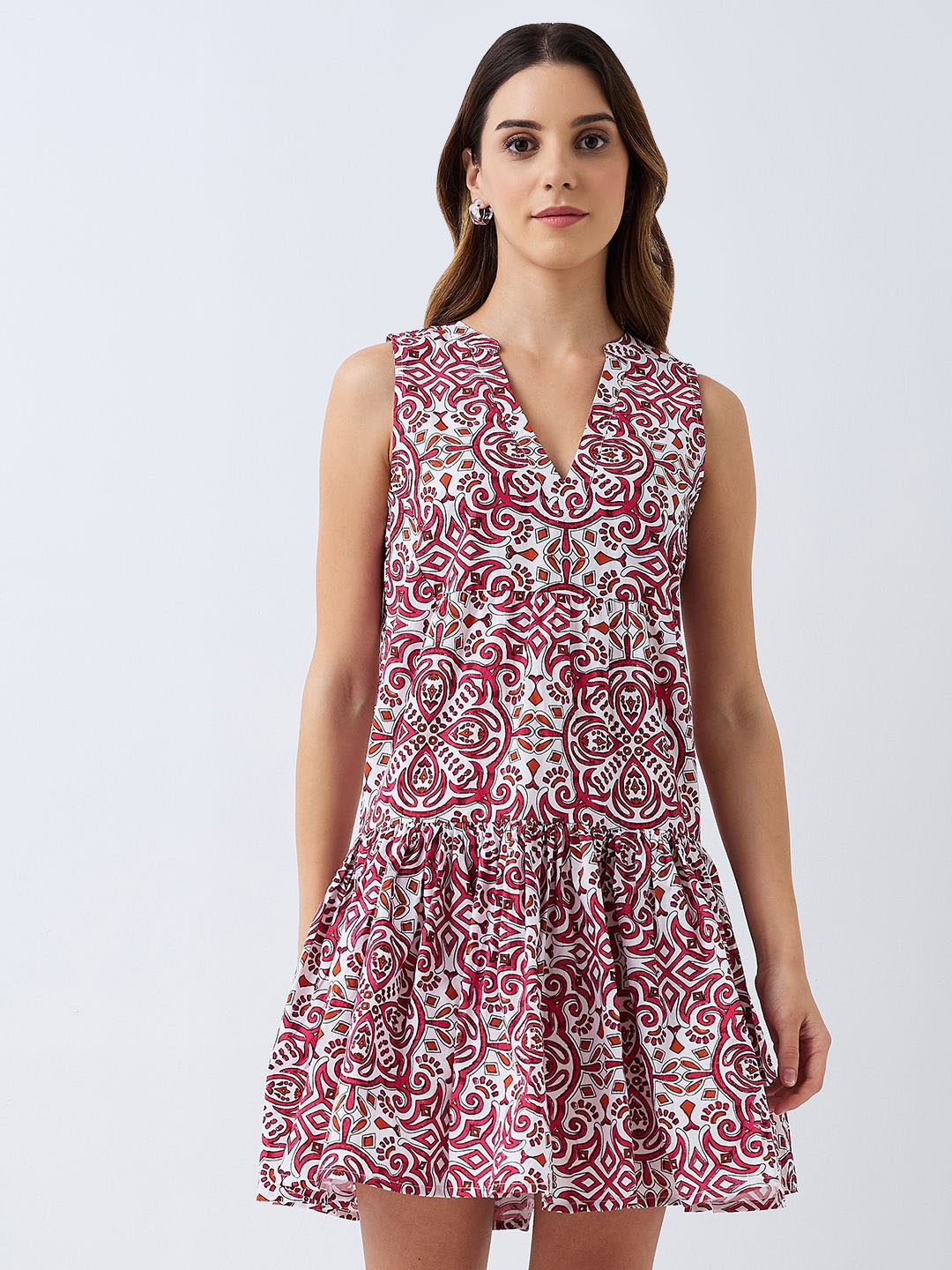 

HERE&NOW Cotton Mandarin Collar Printed A-Line Dress, White