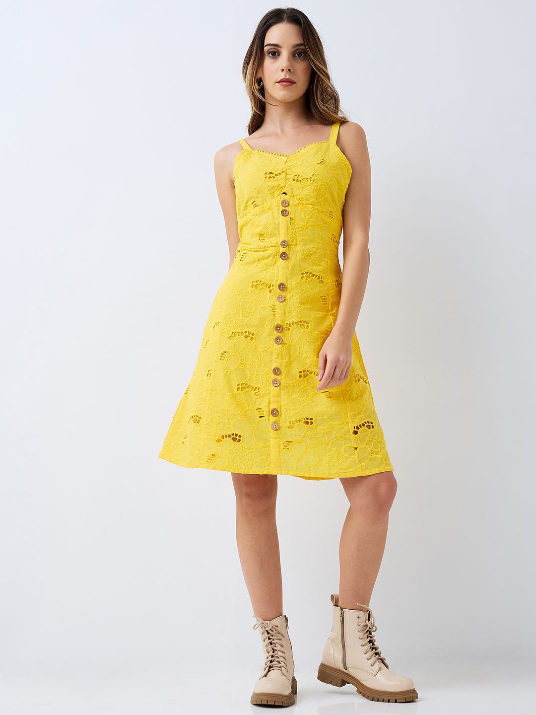 

HERE&NOW Cotton Schiffli Embroidered A-Line Dress, Yellow