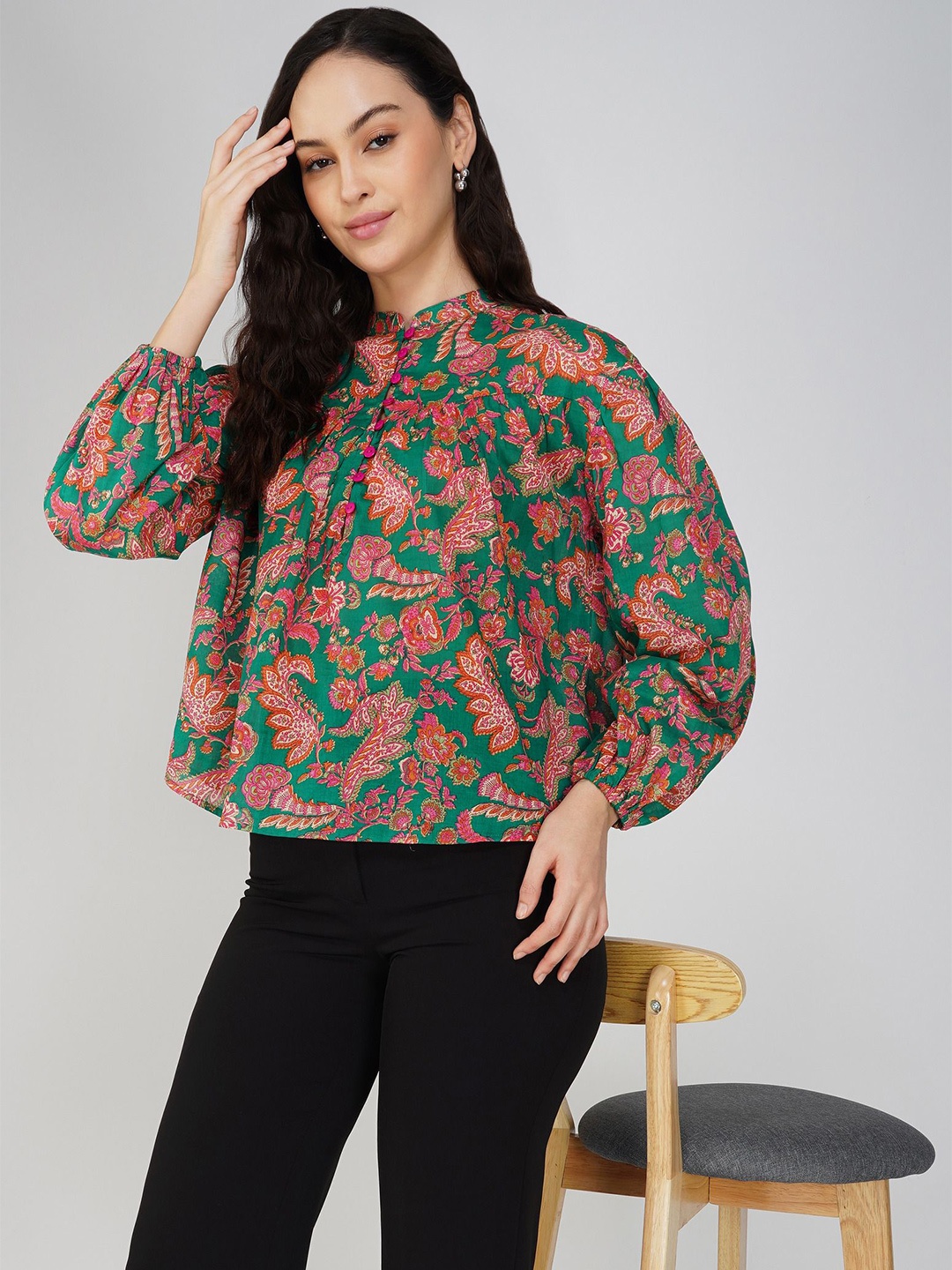 Avor Lifestyle Floral Printed Puff Sleeve Cotton A-Line Top, Green
