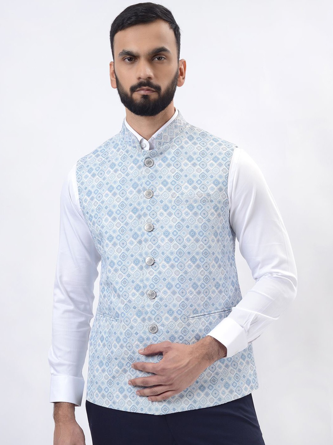 

Greenfibre Men Mandarin Collar Geometric Printed Woollen Casual Tailored Jacket, Blue