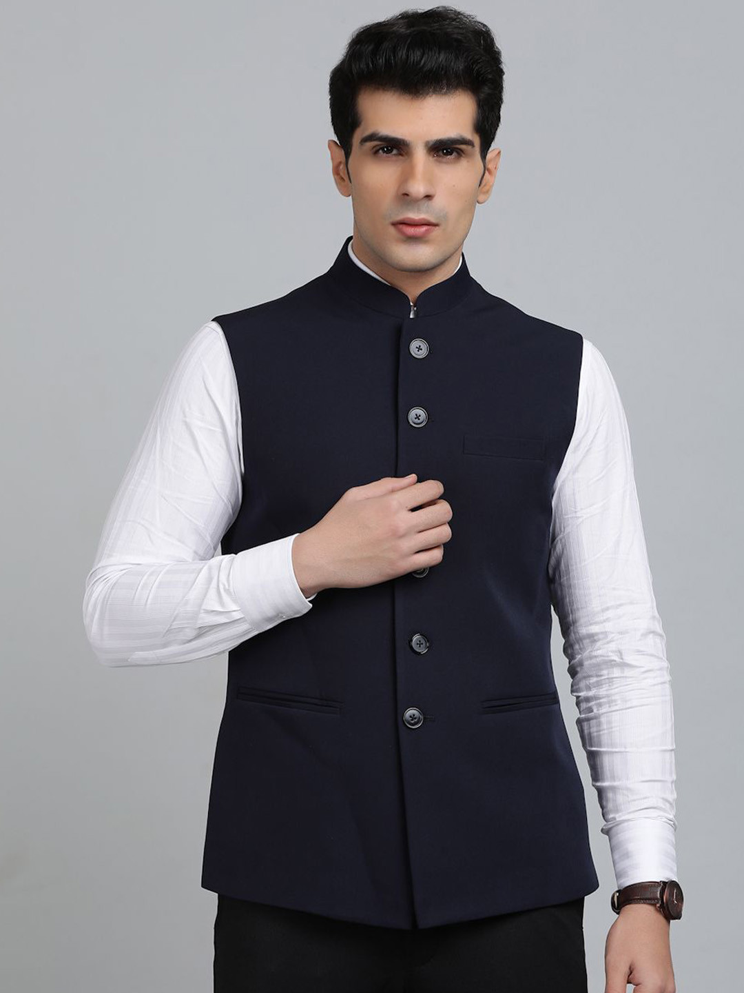 

Greenfibre Men Mandarin Collar Solid Woollen Casual Tailored Jacket, Black
