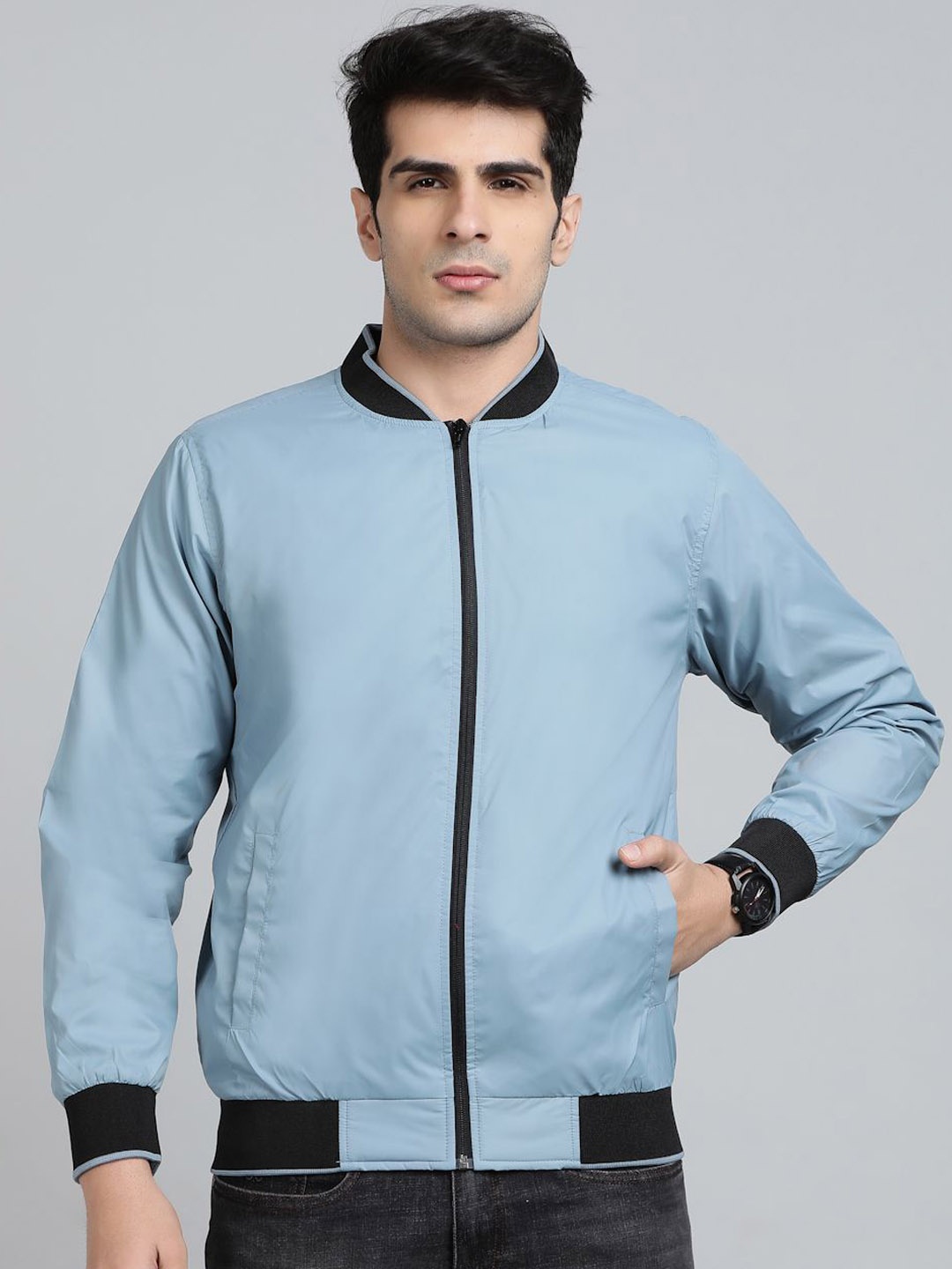 

JADE BLUE Men Stand Collar Solid Casual Bomber Jacket