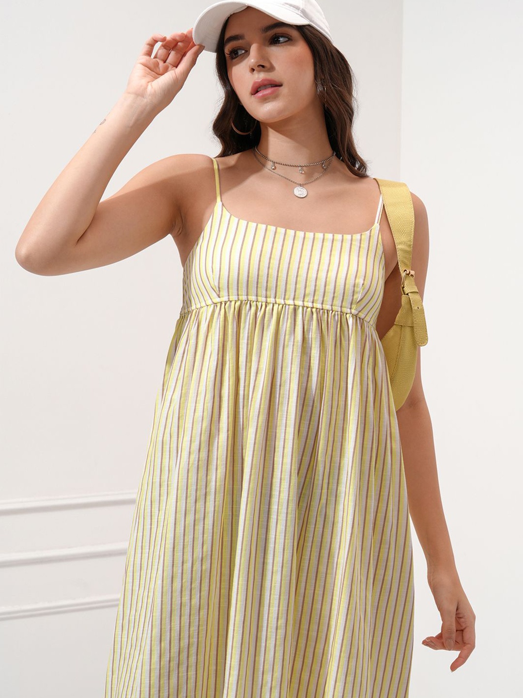 

Tokyo Talkies Women Striped Fit Flare Strappy Midi Dress, Yellow