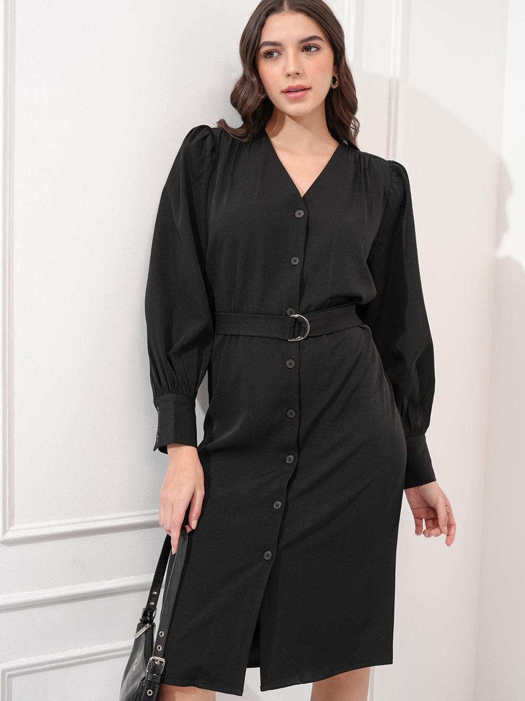 

Tokyo Talkies Women Solid Bishop Sleeve Buttoned Midi Dress, Black