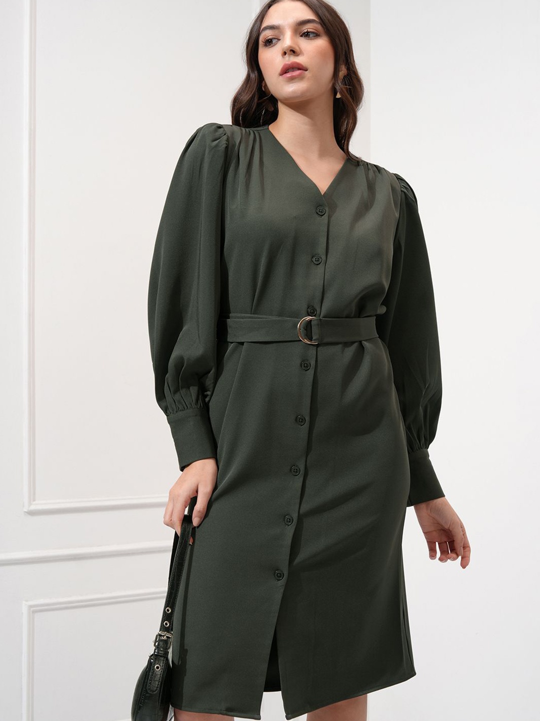 

Tokyo Talkies Women Solid Bishop Sleeve Buttoned Midi Dress, Olive