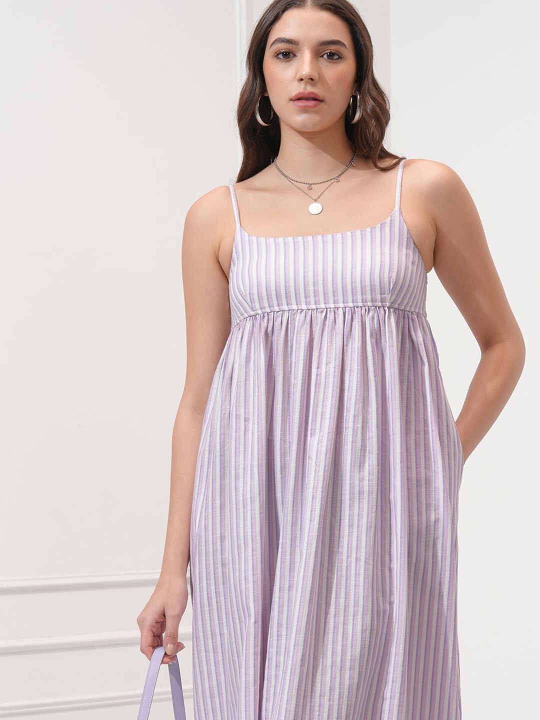 

Tokyo Talkies Women Striped Fit Flare Strappy Midi Dress, Purple