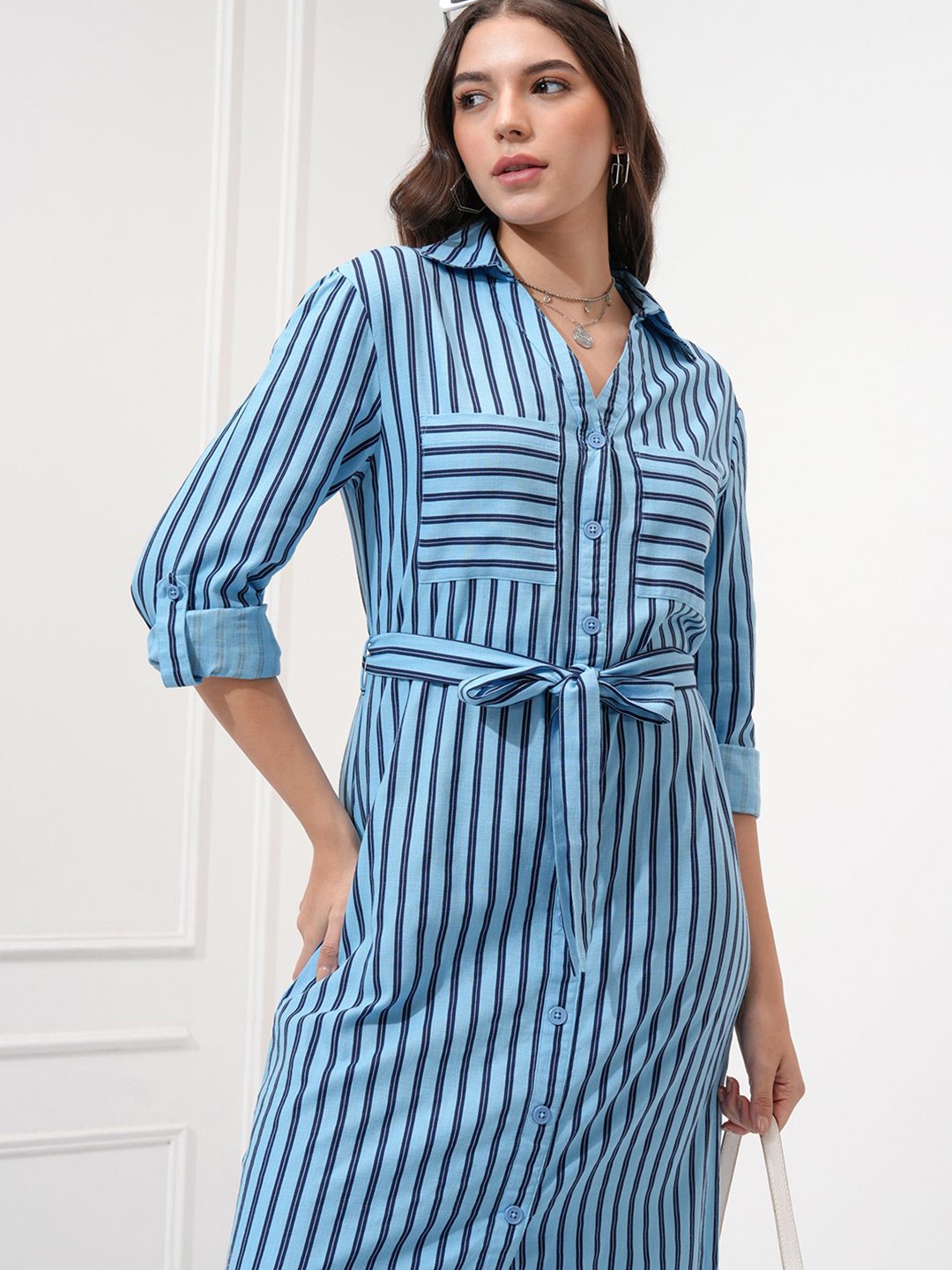 

Tokyo Talkies Women Striped A-Line Button-Down Maxi Dress, Blue